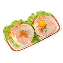 A beautifully arranged plate featuring two servings of a savory dish, complemented by fresh lettuce and garnished with colorful toppings.