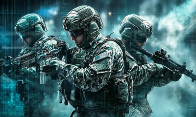Cyber Warfare: Three Soldiers in Digital Combat - Powered by Adobe