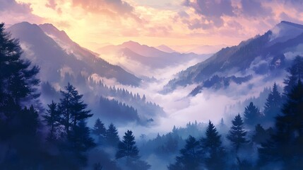 Obraz premium Serene Sunset Over Misty Mountain Valley Forest
