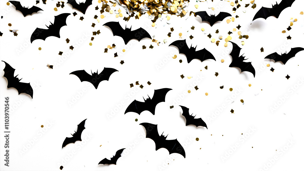 Fototapete a top view photograph of bats silhouettes against spiders and confetti on a plain white surface leav