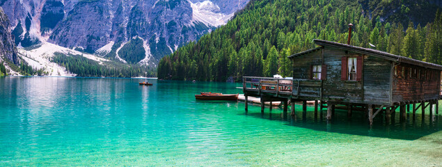 south Tyrol, Italy. One of the most beautiful mountain Alpine lakes - magic Lago di Braies, surrounded by Dolomites mountains. . © Freesurf