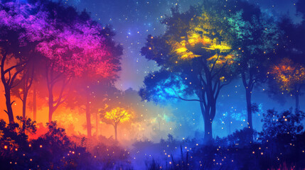 Vivid Fantasy Forest at Night with Colorful Trees Glowing in Neon Hues Surrounded by Twinkling Stars and Soft Enigmatic Fog Creating a Magical Atmosphere