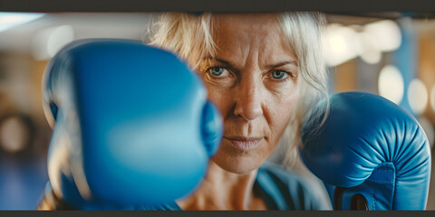 elderly woman in boxing gloves focuses,strikes,symbolizing strength,determination,perseverance,image is ideal for concept of promotional materials,articles of struggle,confrontation with anything