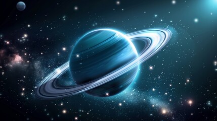 Gas planet with glowing rings in starry space image. Saturn like celestial body against sparks photography scene wallpaper. Mystery cosmic landscape concept photorealistic photo