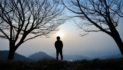 Fototapeta premium 겨울철 나뭇잎이 없는 가지 아래 혼자 서 있는 사람의 실루엣