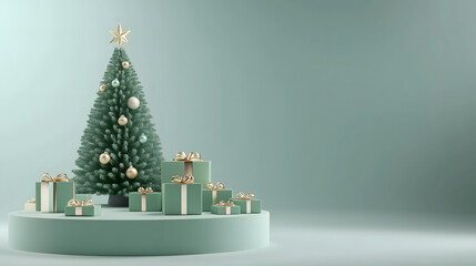 a product booth decorated by christmas tree and gift boxes