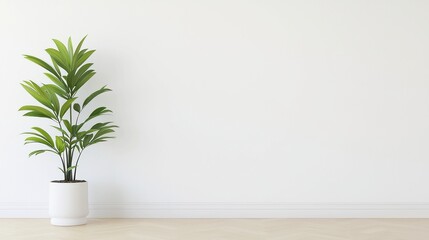 Minimalist Urban Living Space, an open and airy modern apartment featuring white walls, a single potted plant, and ample free space ideal for showcasing products or text.