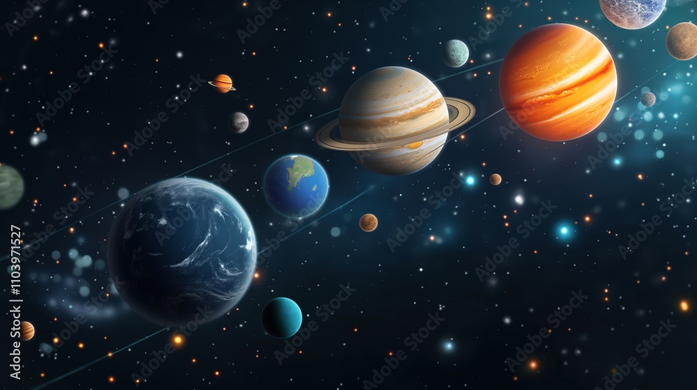 Poster planetary system with floating globes 3d rendering image. abstract space composition with planets ba