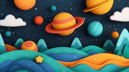 Obraz premium Fantasy landscape with planets over valley 3d rendering image. Children artwork with nature and cosmos background wallpaper colorful realistic. School art lesson concept idea