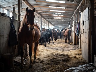 the horses stay inside the livestock market near Bishkek, Kyrgyzstan. animal husbandry is one of economics sources in Kyrgyzstan