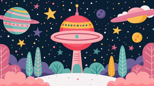 Ufo with light beam in night sky over wild forest background image. Alien spaceship visiting earth flat colorful illustration backdrop horizontal. Children cosmos wallpaper art concept