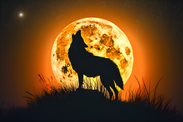 Captivating scene of a wolf standing proudly on a grassy hill silhouetted against a gigantic, glowing orange full moon, blades of grass, the primal energy of the wolf and celestial energy of the moon