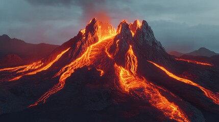Fototapeta premium A dramatic volcanic eruption with flowing lava and rugged mountains in a moody atmosphere.
