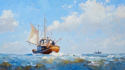 Obraz premium Fisherman at Work, vibrant oil painting depicting a fisherman on a small boat amidst a bustling sea landscape with ships in the distance, capturing the essence of maritime life.