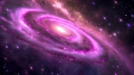 Galaxy with bright core and purple spiraling arms image. Luminous cosmic formation in darkness photography scene wallpaper. Beauty of deep space concept photorealistic photo