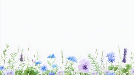 Wildflower Herb Border, a vibrant watercolor depiction featuring buttercup, clover, bluebell, vetch, timothy grass, and lobelia against a crisp white backdrop.