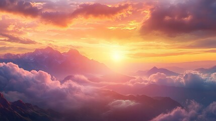 Fototapeta premium A Dreamy Sunset Over Mountain Peaks: Clouds and Colors in the Sky