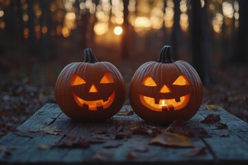 Fototapeta premium Halloween pumpkins with carved faces on wooden table, spooky forest backdrop at sunset, space for text, banner design.