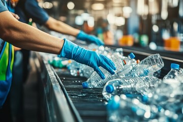 Fototapeta premium Close up of employees gloved hands sorting and recycling plastic, glass, and waste on conveyor belt