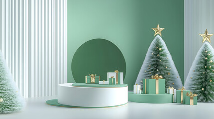 a product booth decorated by christmas tree and gift boxes