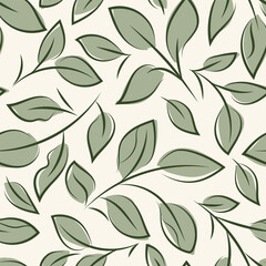 Simple mid-century modern leaves seamless pattern backdrop. Elegant hand-drawn paint brush style relaxed foliage backdrop in minimalistic linear style. Botanical leaf repeat for business, web