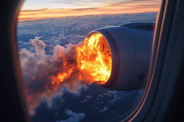 Dramatic aircraft engine fire captured from airplane window  a stunning aerial perspective