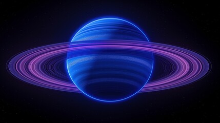 Obraz premium Neon lit gas giant with rotating fast rings 3d rendering image. Bright planet surrounded by cosmic material background wallpaper colorful realistic. Space body concept idea