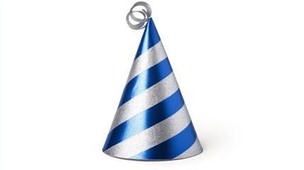 Blue and silver striped birthday party hat isolated on white