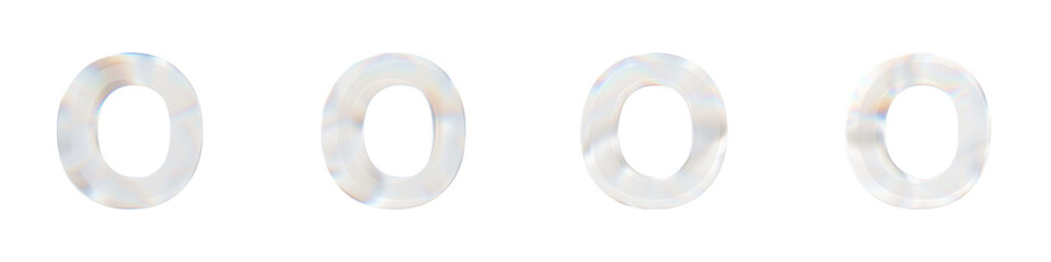 Set of 4 3d letter O with glass distortion effect isolated on a transparent background. 3d transparent elements for graphic design.