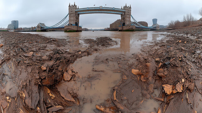 Tower Bridge over River Thames, showcasing low tide with exposed mud and debris. cityscape reflects blend of nature and urban architecture, creating unique atmosphere