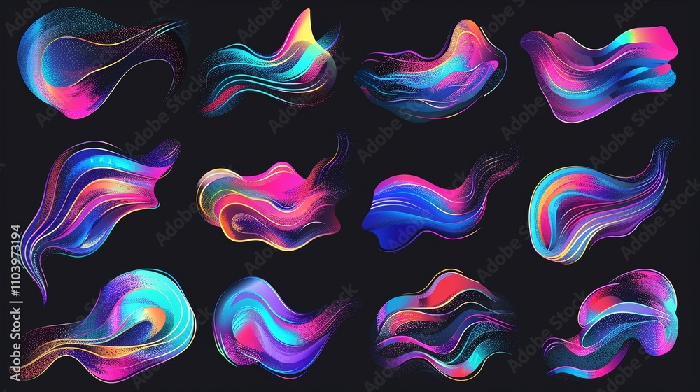 Poster set of swirling neon wave patterns 3d rendering image. luminous abstract shapes. futuristic fluids h