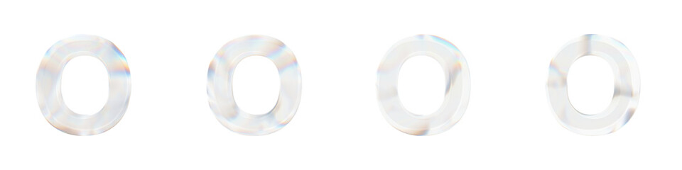 Set of 4 3d letter O with glass distortion effect isolated on a transparent background. 3d transparent elements for graphic design.