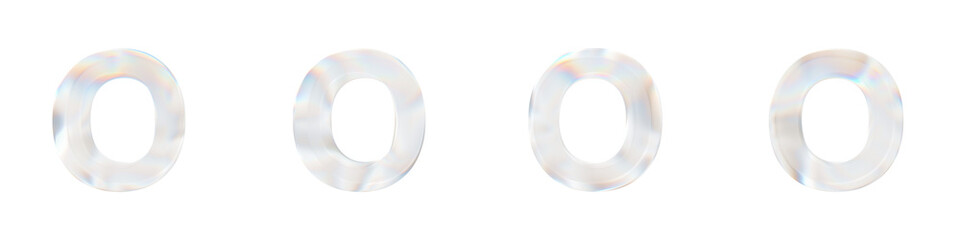 Set of 4 3d letter O with glass distortion effect isolated on a transparent background. 3d transparent elements for graphic design.