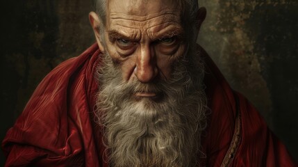 Man with a long beard in a red robe displaying a serious expression in an undefined setting