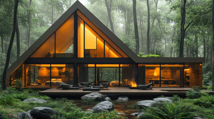 Triangular glass cabin in a forest setting, glowing warmly in natural light