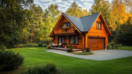 Obraz premium Charming Wooden House with Green Grass and Stone Driveway
