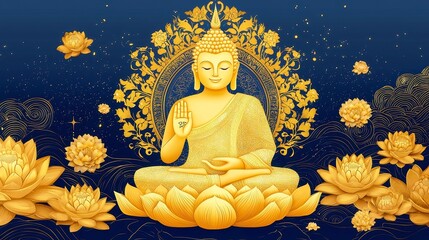 Obraz premium Golden Buddha on Lotus Surrounded by Golden Flowers and Dark Blue Design, Celebratory Spirituality Theme with Space for Text, Decorative Art for Festival Celebrations