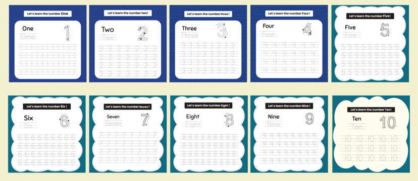flat design number tracing counting flashcard printable for kids fun learning
