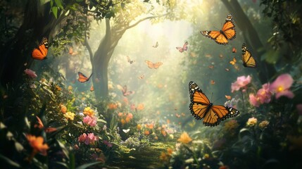 A butterfly sanctuary with many species flying gracefully between flowers and trees.