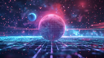 Obraz premium Luminous orb on neon grid landscape 3d rendering image. Retro-futuristic cosmos digital sphere background wallpaper colorful realistic. Virtual reality. Y2k retrowave concept idea