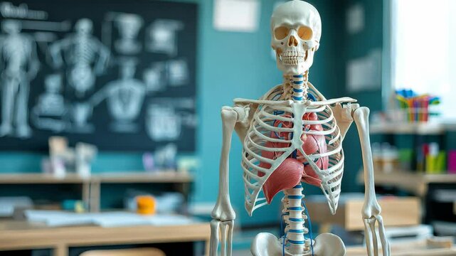 A detailed anatomical skeleton model displayed in a classroom setting for educational purposes.