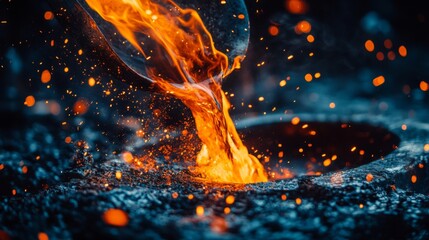 Fototapeta premium Fiery molten metal pours into a dark cast. The glow of the lava creates a mesmerizing scene full of motion and energy. A stunning display of craftsmanship and creation. Generative AI