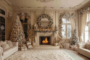 Stylish Christmas interior with decorated fireplace, garlands, and white Christmas trees, New Year&rsquo;s decoration concept.