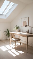Fototapeta premium Sunlit home office Minimalist desk with skylight and natural light in home office.