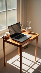 Fototapeta premium Sunlit home office Small wooden desk with laptop and coffee in sunlight.