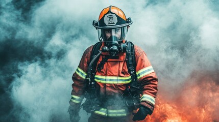 Obraz premium A firefighter in protective gear stands amidst smoke and flames, ready for action.