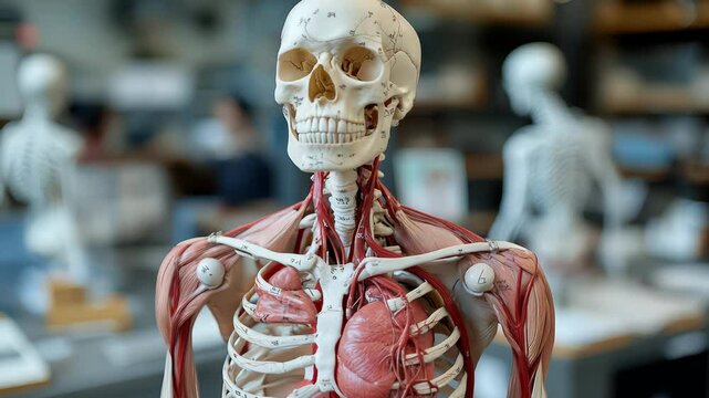 Anatomical model showcasing human skeleton and muscles for educational purposes.