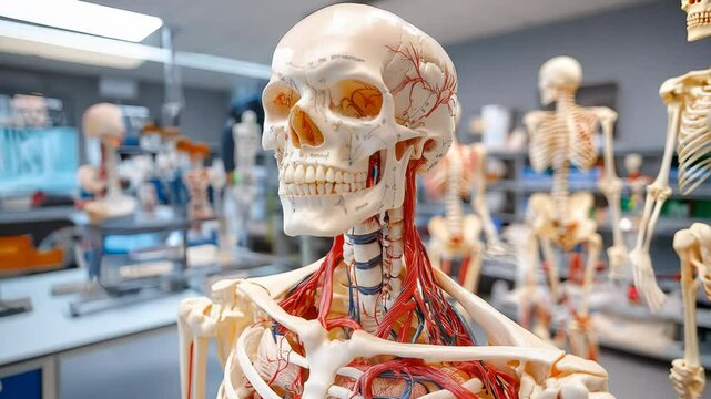 Anatomical model showcasing human skull and circulatory system for educational purposes.