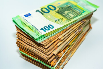 Euro banknote cash money. Lot of banknotes of European union currency close up. Financial investment, savings, income earnings concept.