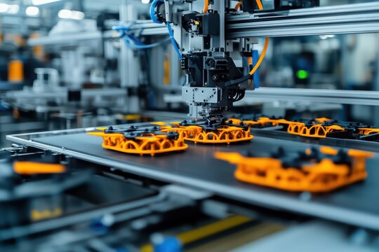 Close-up of a 3D printing machine producing parts for cargo drones in a high-tech manufacturing plant.
